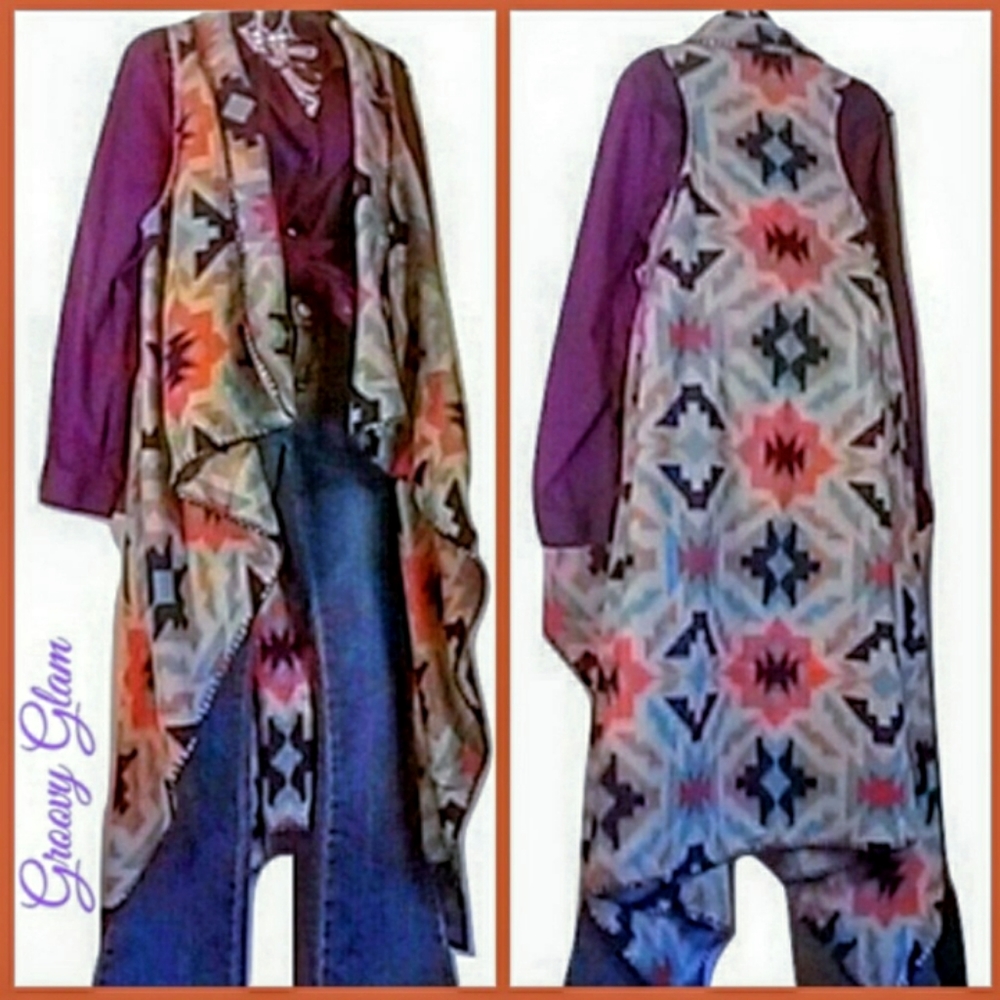 GROOVY GLAM Handmade Aztec Long Waterfall Duster Vest